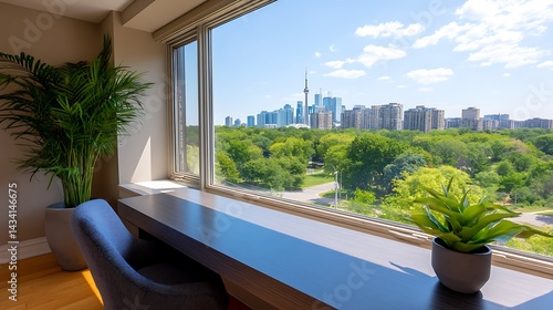 A desk with a view of a city skyline and park from a large window  with two potted plants on the desk