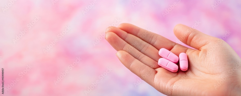 A hand holding pink capsules against a soft, pastel background, conveying a sense of health and wellness. A hand holding pink capsules against a soft, pastel background, conveying a sense of health and wellness.