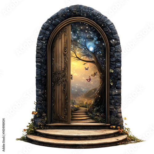 Minimalist French doors, clean and modern, revealing a lush tropical paradise while the on transparent png background. Ai generated
