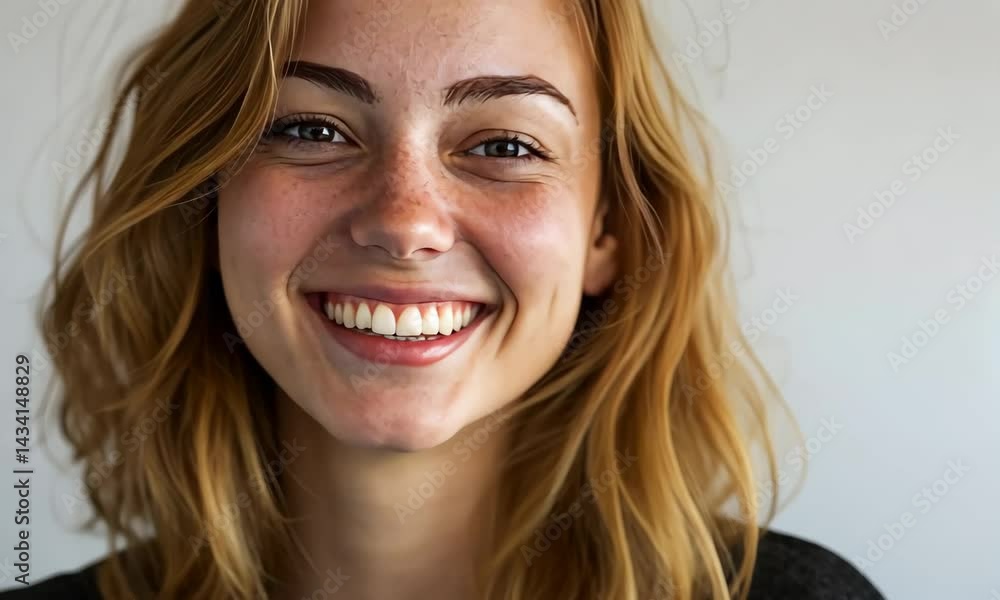 Smiling woman expresses joyful emotions with sunny disposition and dynamic energy Smiling woman expresses joyful emotions with sunny disposition and dynamic energy
