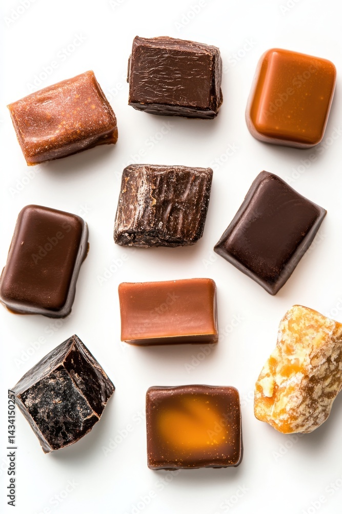 Assorted gourmet chocolate fudge candies on a clean white surface, showcasing rich texture, smooth glaze, and delicious variety, overhead shot, studio lighting, food photography Assorted gourmet chocolate fudge candies on a clean white surface, showcasing rich texture, smooth glaze, and delicious variety, overhead shot, studio lighting, food photography