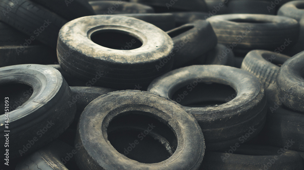 Pile of old tires for rubber recycling. Treatment of used tires and wheels in an industrial landfill. Pile of old tires for rubber recycling. Treatment of used tires and wheels in an industrial landfill.
