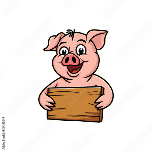 Cute Cartoon Pig Holding Wooden Sign Board – Smiling Farm Animal Mascot Vector Illustration – Adorable Happy Piggy Character for Kids Design, Logo, Poster, Sticker, Farm Branding, or Funny Animal Clip