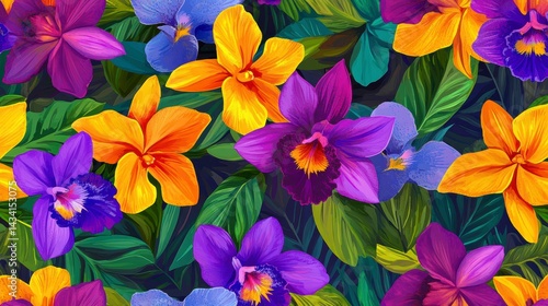 Vibrant seamless pattern of tropical orchids in purple, orange, and blue hues.