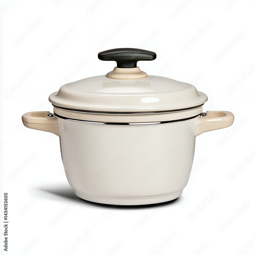 A classic enameled cookware pot with a black handle and cream finish. A classic enameled cookware pot with a black handle and cream finish.