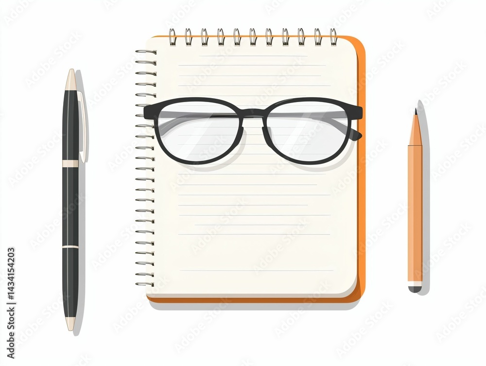 Notebook, Pen, Glasses, Pencil Notebook, Pen, Glasses, Pencil