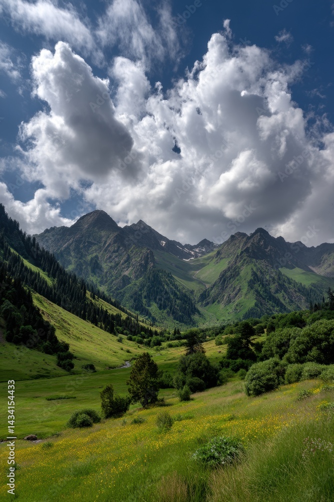 Majestic mountain range under a cloudy sky with a lush green valley and vibrant wildflowers in the foreground capturing the serene beauty of nature Majestic mountain range under a cloudy sky with a lush green valley and vibrant wildflowers in the foreground capturing the serene beauty of nature