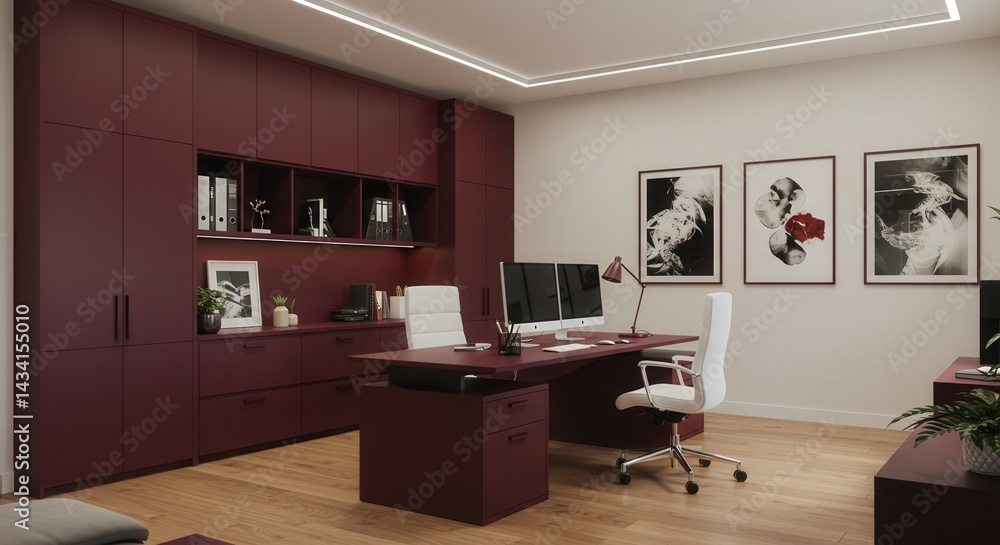 Burgundy Office Interior with Desk Chair and Storage Burgundy Office Interior with Desk Chair and Storage