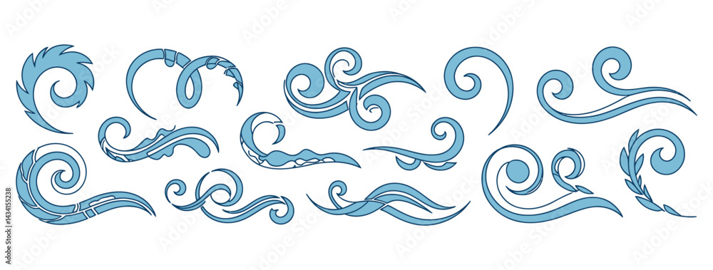 Fototapeta premium Elegant Swirl Collection Blue Decorative Elements For Design And Decoration In Seamless Vector Format On A White Background