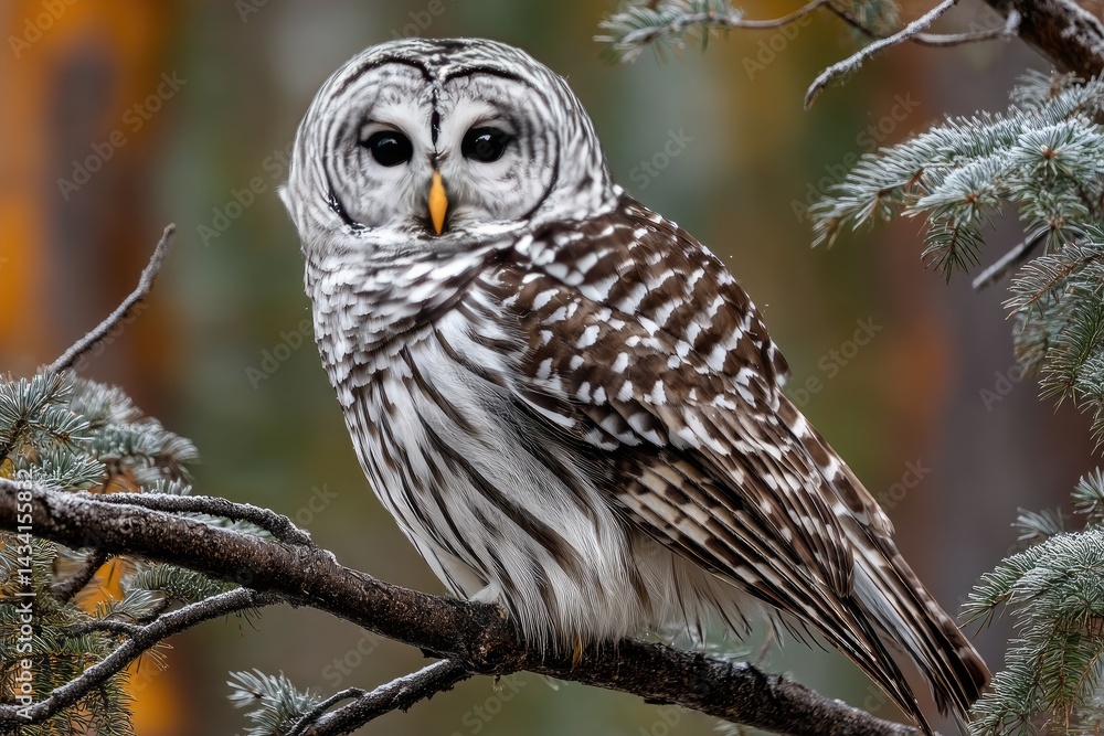 Close-up portrait of a barred owl perched on a branch. Close-up portrait of a barred owl perched on a branch.