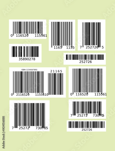 Barcode set vector mockup collections. Code 39, Code 128, UPC-A, UPC-E. EAN-13, EAN-8. Interleaved 2 of 5, ISBN 