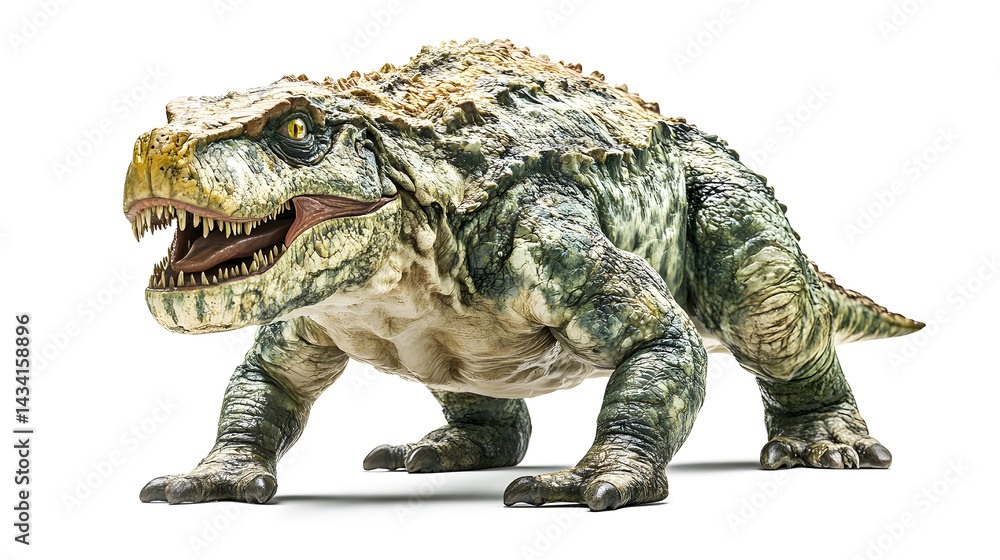 Obraz premium A lizard is shown in a white background. The lizard is brown and yellow and has a long tail