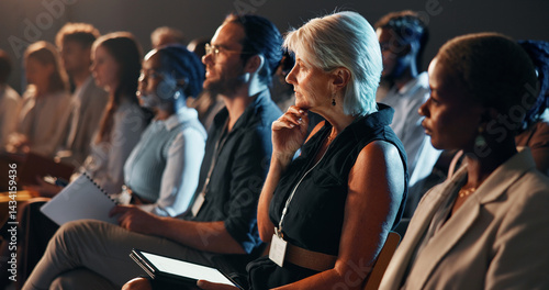 Foto Tablet, crowd and business people at conference, workshop or seminar for finance trading