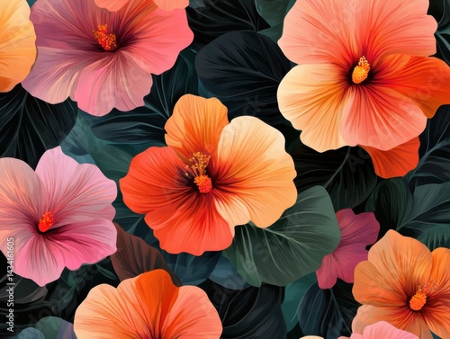 Wallpaper Mural Vibrant hibiscus blossoms in full bloom against a backdrop of lush green foliage creating a tropical and inviting floral pattern with a painterly aesthetic Torontodigital.ca