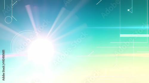Luminescent Burst on a Geometric Plane - Geometric lines and subtle shapes are layered over a gradient background transitioning from teal to yellow  suggesting a blend of light and structure