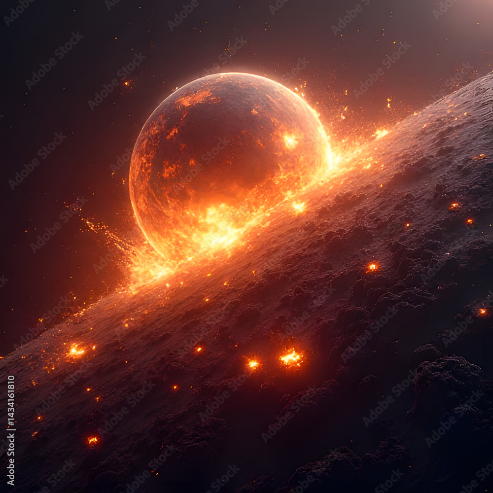 Fototapeta premium Fiery Planet Explosion in Outer Space with Glowing Solar Flares