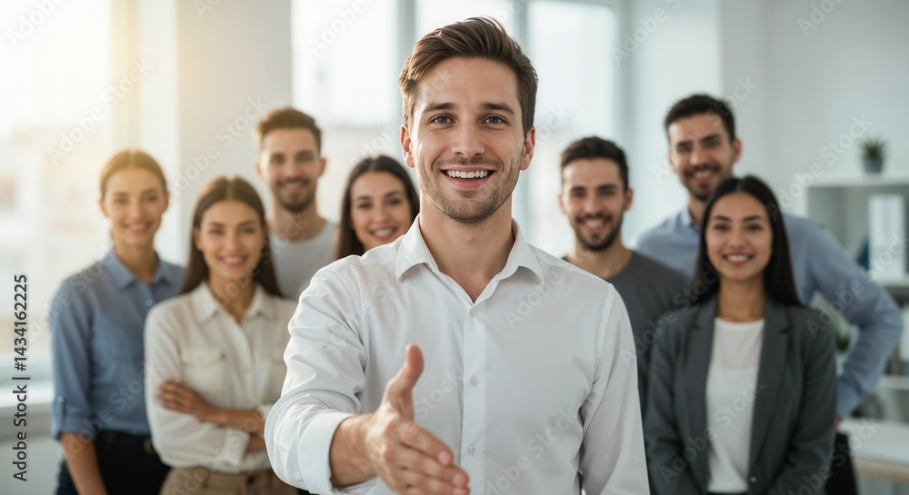 Friendly business team leader extending a hand for a handshake, surrounded by supportive colleagues, reflecting collaboration and professional teamwork in a modern corporate environment.
Friendly business team leader extending a hand for a handshake, surrounded by supportive colleagues, reflecting collaboration and professional teamwork in a modern corporate environment.