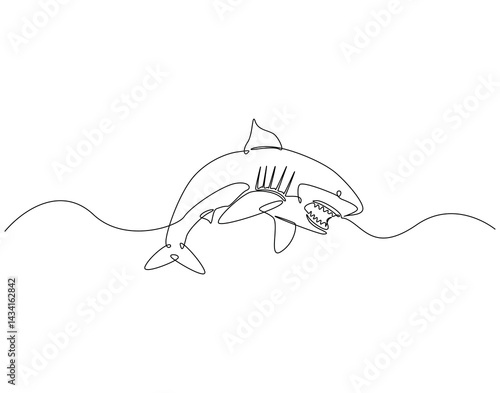 Continuous line drawing of shark fish. Single line illustration of shark fish swimming. Ocean predator fish concept. Editable outline