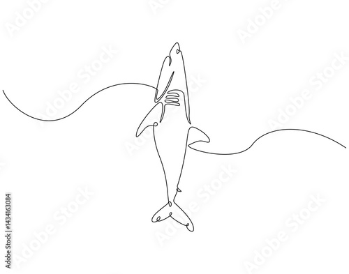 Continuous line drawing of shark fish. Single line illustration of shark fish swimming. Ocean predator fish concept. Editable outline