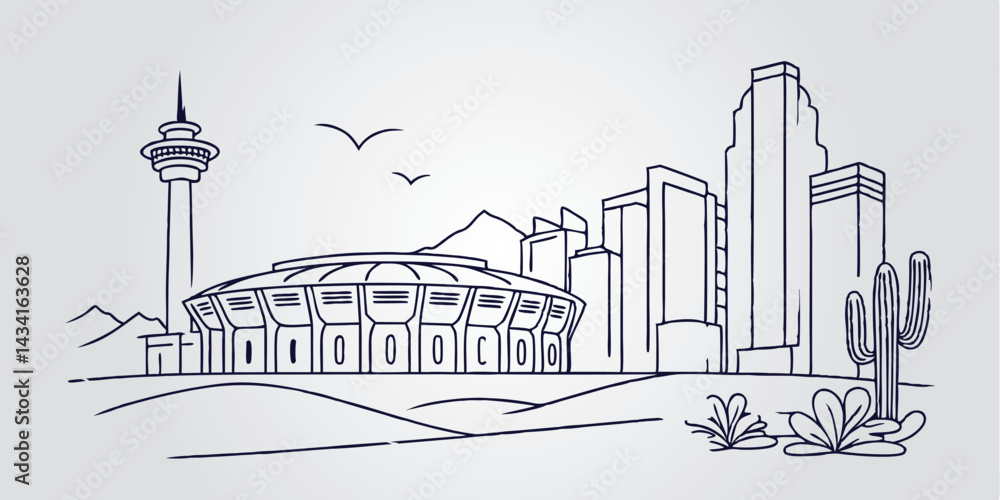 Fototapeta premium Phoenix skyline, highlighting its modern high-rises against desert-inspired elements in a smooth, one-line drawing style.
