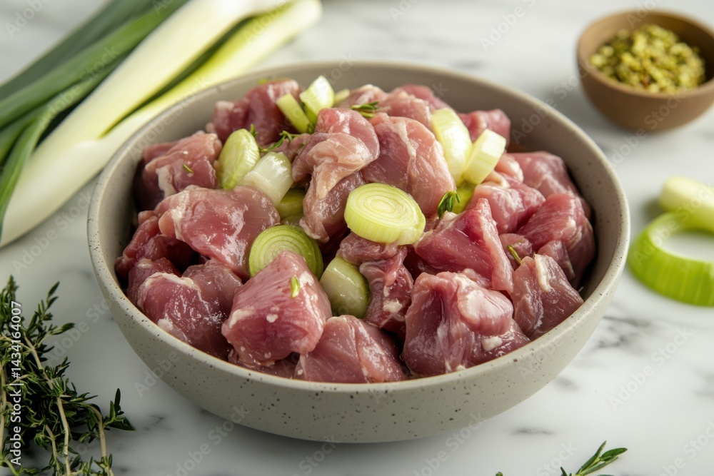 A bowl of diced raw pork with chopped scallions A bowl of diced raw pork with chopped scallions