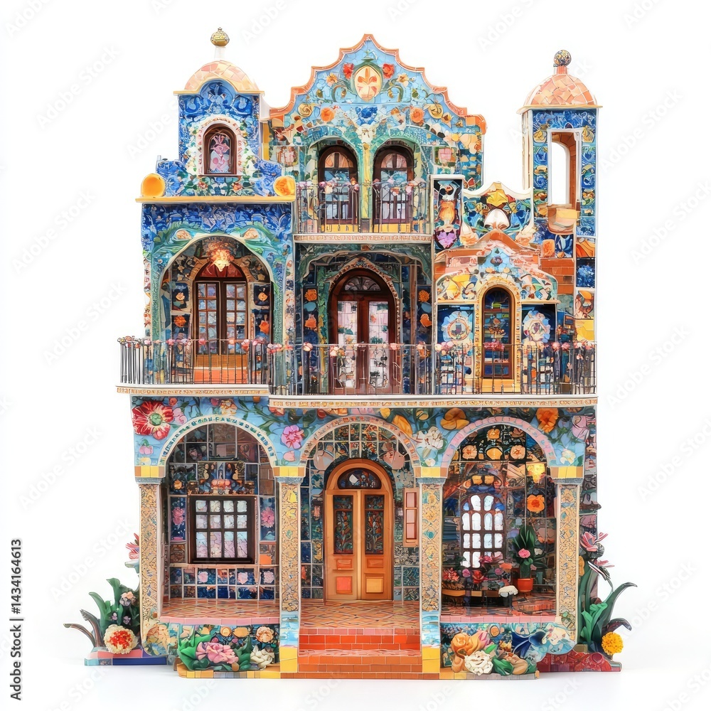 Obraz premium Detailed miniature building with ornate blue and colorful floral patterns isolated against a white background showcasing intricate architectural details.
