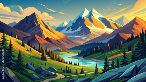 Very beautiful Verdant Valleys of the Canadian Rockies A Breathtaking Alpine Panorama with Snowcapped Peaks Bathed in the Warm Glow of Spring, Capturing the Essence of Natures Rebirth amidst Majestic 