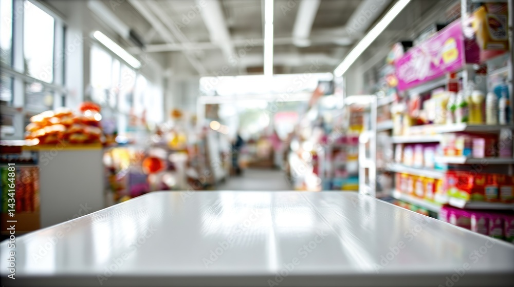 Fototapeta premium Blurred store aisle view with a glossy table foreground