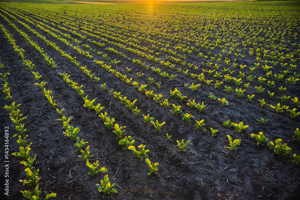 Beetroot field at golden hour in rural landscape