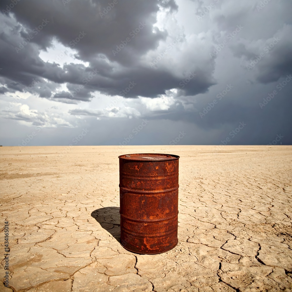 Naklejka premium Rusted barrel on cracked desert floor under dark stormy sky