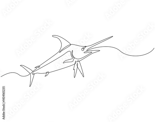 Continuous line drawing of marlin fish. Single line illustration of swordfish. Large predatory fish concept. Editable outline