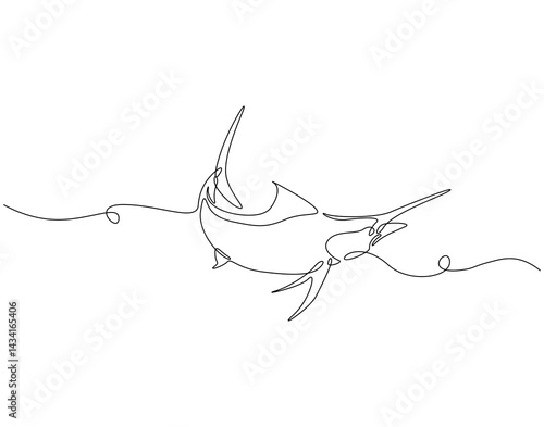 Continuous line drawing of marlin fish. Single line illustration of swordfish. Large predatory fish concept. Editable outline