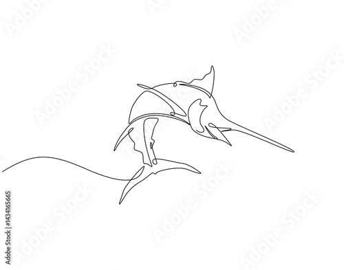 Continuous line drawing of marlin fish. Single line illustration of swordfish. Large predatory fish concept. Editable outline