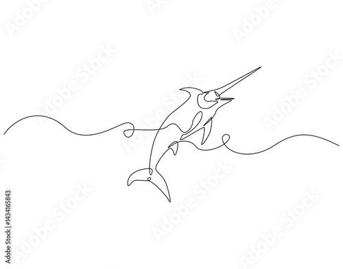 Continuous line drawing of marlin fish. Single line illustration of swordfish. Large predatory fish concept. Editable outline