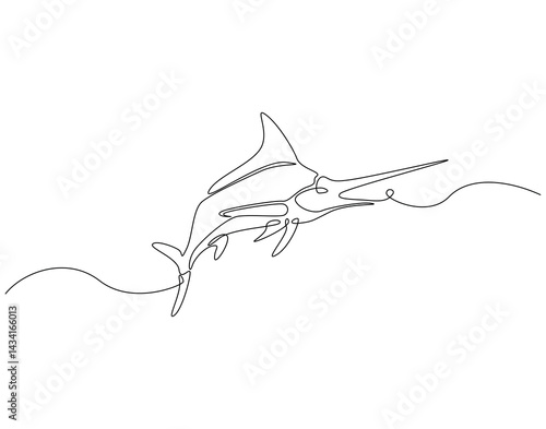 Continuous line drawing of marlin fish. Single line illustration of swordfish. Large predatory fish concept. Editable outline