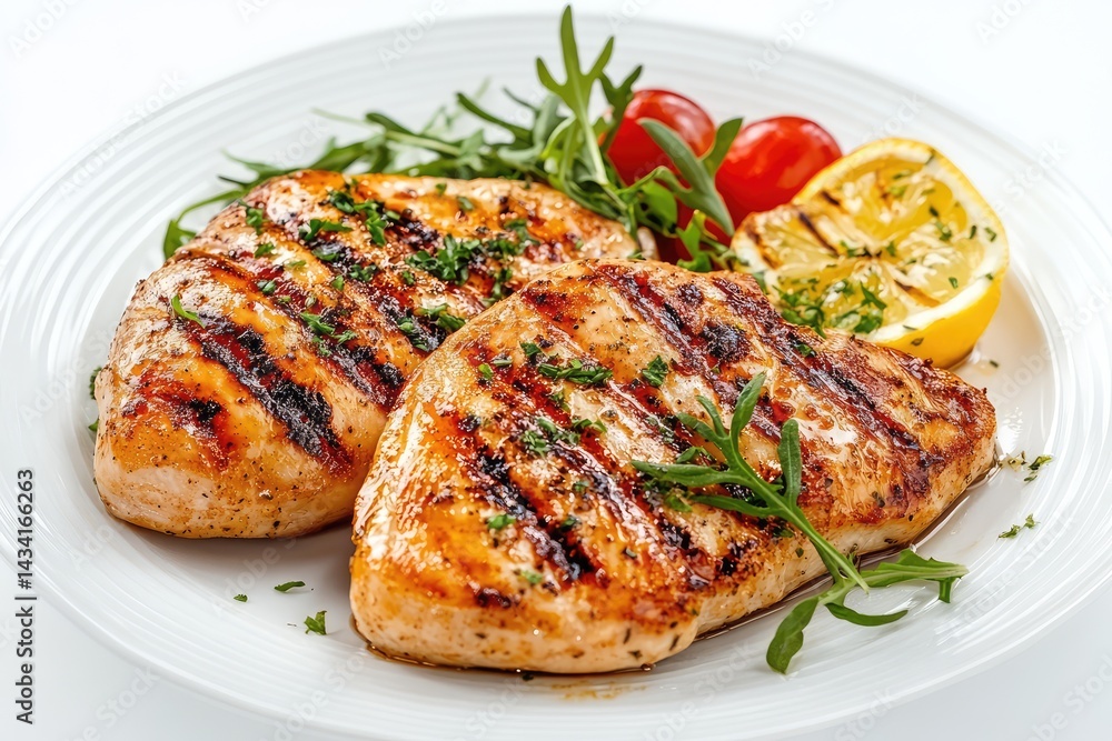 Grilled chicken breast on plate, white background. AI generated illustration. Grilled chicken breast on plate, white background. AI generated illustration.