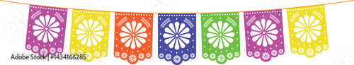 Multicolored paper flags. Festive decorations. Mexican papel picado. Isolated vector illustration.
