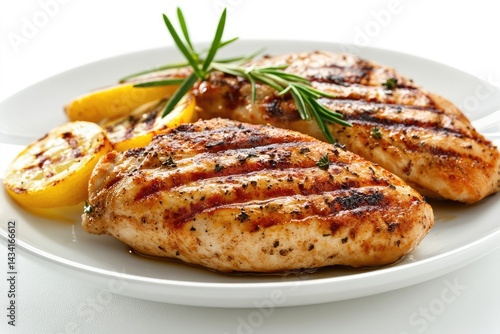 Grilled chicken breast on plate, white background. AI generated illustration.