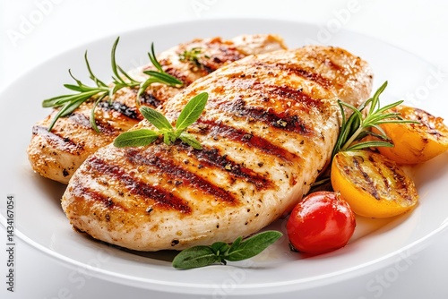 Grilled chicken breast on plate, white background. AI generated illustration.