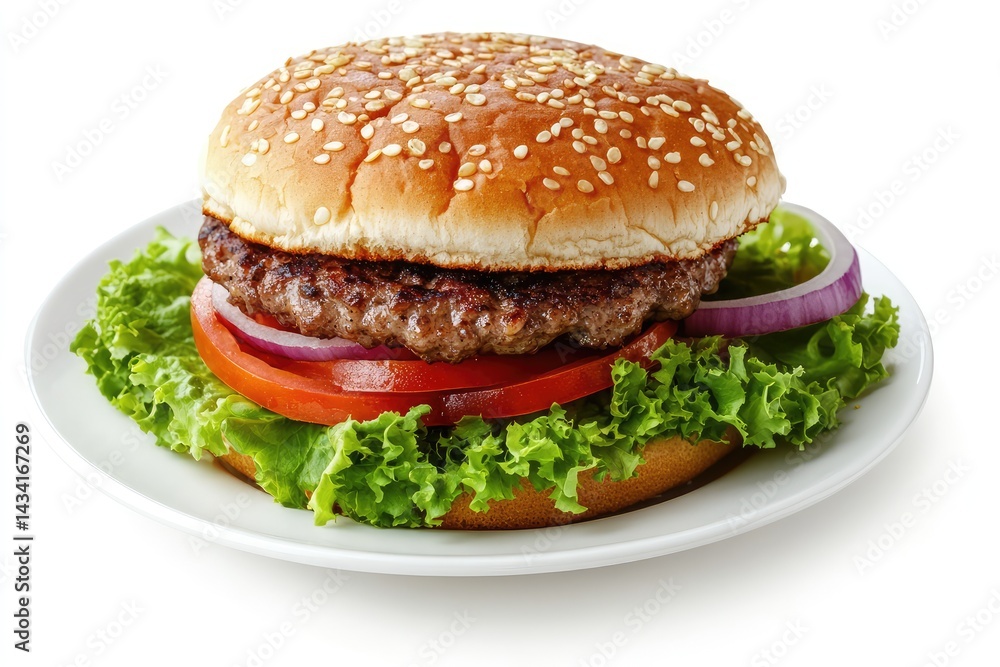 Hamburger on plate, isolated, white background. AI generated illustration. Hamburger on plate, isolated, white background. AI generated illustration.