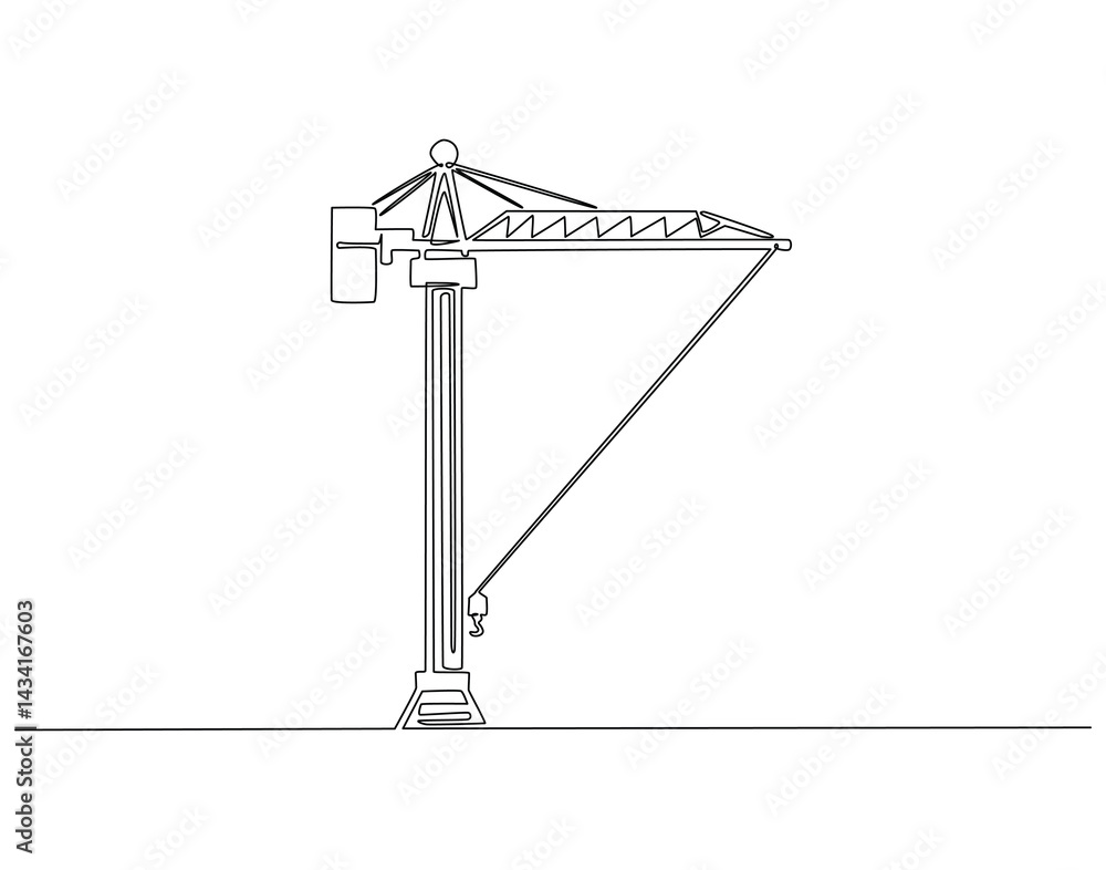 Continuous line drawing of construction crane. Single line illustration of crane for industrial building. Industry equipment concept. Editable outline Continuous line drawing of construction crane. Single line illustration of crane for industrial building. Industry equipment concept. Editable outline