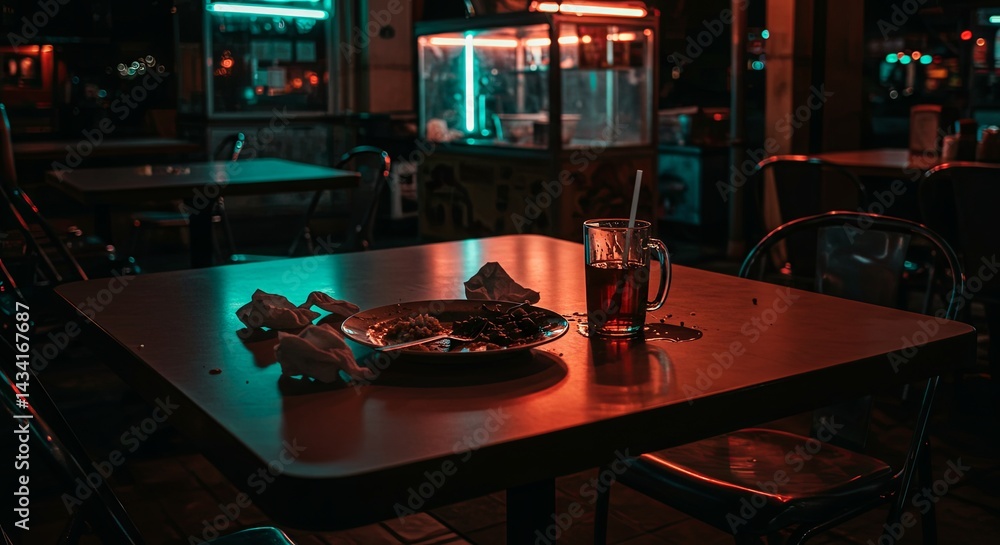 A moody, cinematic photo of an empty mamak table with leftover food under neon lights. Classic Malaysian nightlife vibe