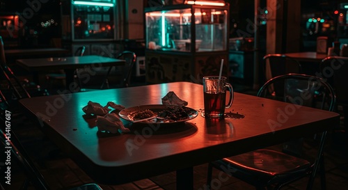 Obraz na płótnie A moody, cinematic photo of an empty mamak table with leftover food under neon lights. Classic Malaysian nightlife vibe w salonie