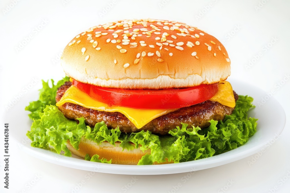 Hamburger on plate, isolated, white background. AI generated illustration. Hamburger on plate, isolated, white background. AI generated illustration.