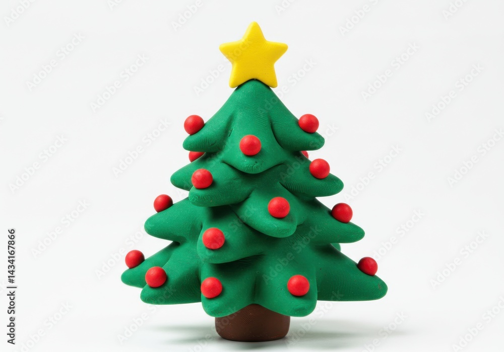 Green christmas tree with red ornaments and yellow star on top art isolated on white background Green christmas tree with red ornaments and yellow star on top art isolated on white background