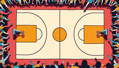 Exciting basketball court layout surrounded by cheering crowd, sports design