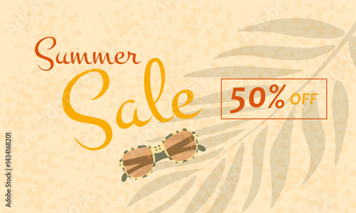 Summer sale banner with top view of sea, beach, sand with summer accessories and text in trendy boho colors. Seasonal promotion, flat illustration.