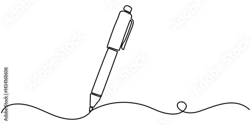 Continuous one line drawing writing pen isolated minimalist linear illustration made of single line vector illustration, Pen Signature Continuous Line Icon, One continuous line of pen writing.
