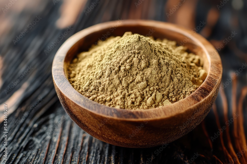 Henna powder in wooden bowl. AI generated illustration. Henna powder in wooden bowl. AI generated illustration.