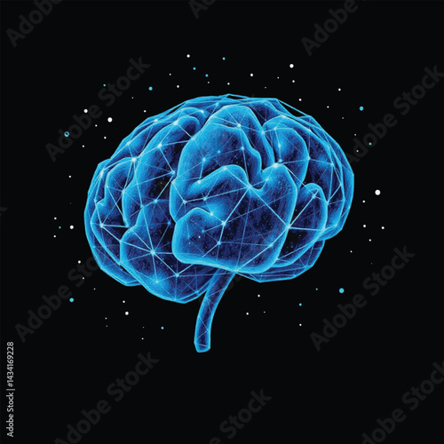 technology concept.vector abstract polygonal human brain shape of an artificial intelligence with line dots and shadow on dark blue color background